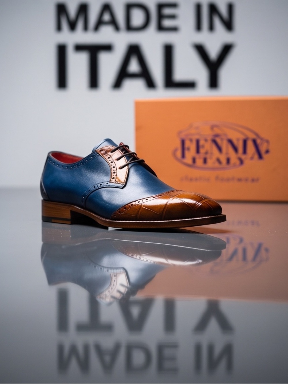 Fennix Italy Handcrafted Men’s Blue and cognac Leather calf/alligator Oxford